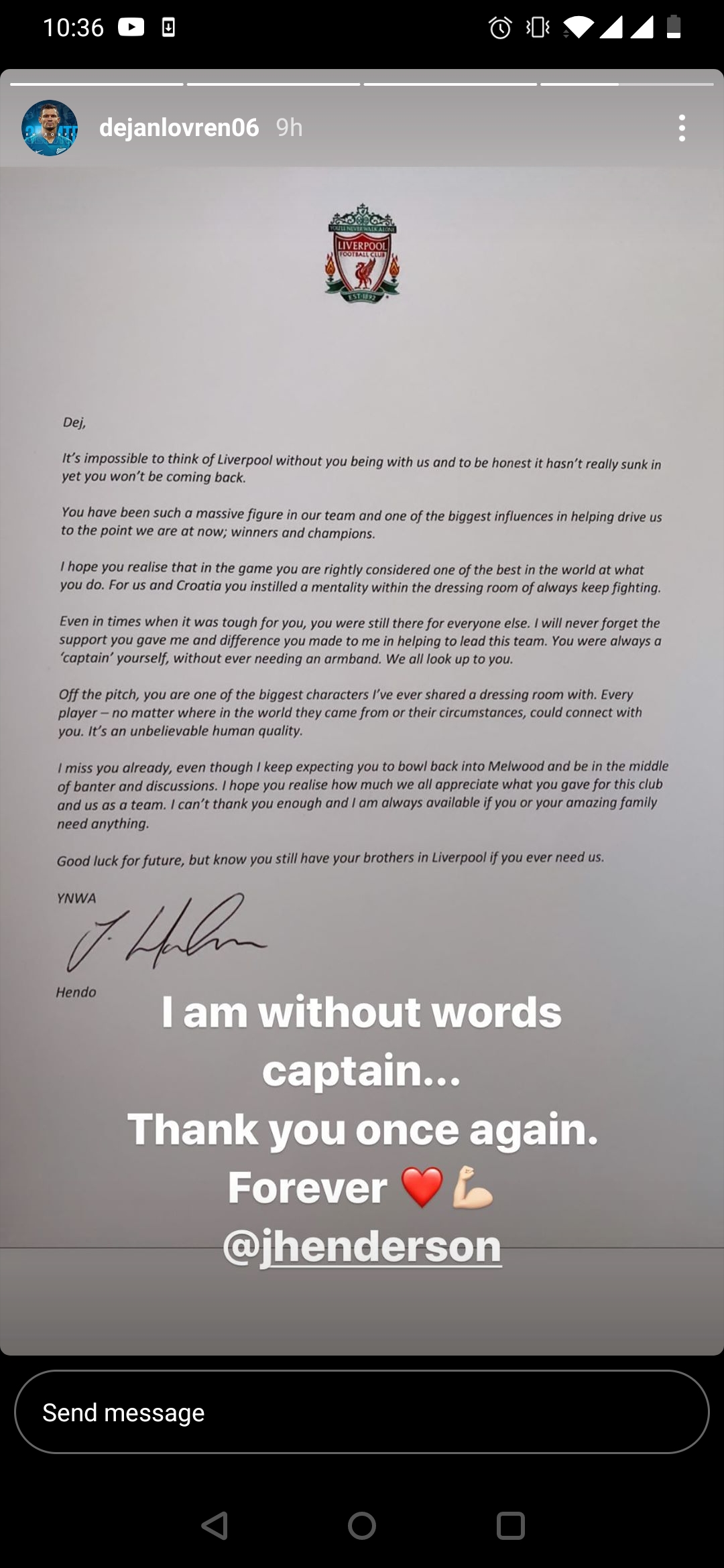 Hendo's letter to lovren. Pure class from the captain!